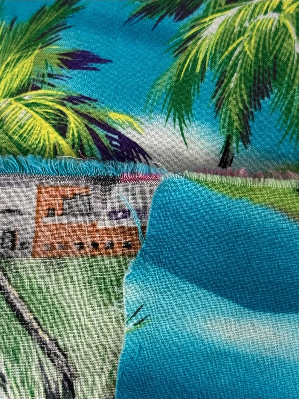 Vintage Tropical Island Scenic Fabric 1¾ Yards Palm Trees Sailboats Caribbean